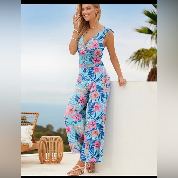 Floral Blue and Pink Jumpsuit - Picture 1 of 5